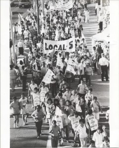 1990: Members walked off the job in Waikiki and marched down Kalakaua to a stop work meeting at the Kapiolani Park Bandstand, where they voted to authorize a strike.