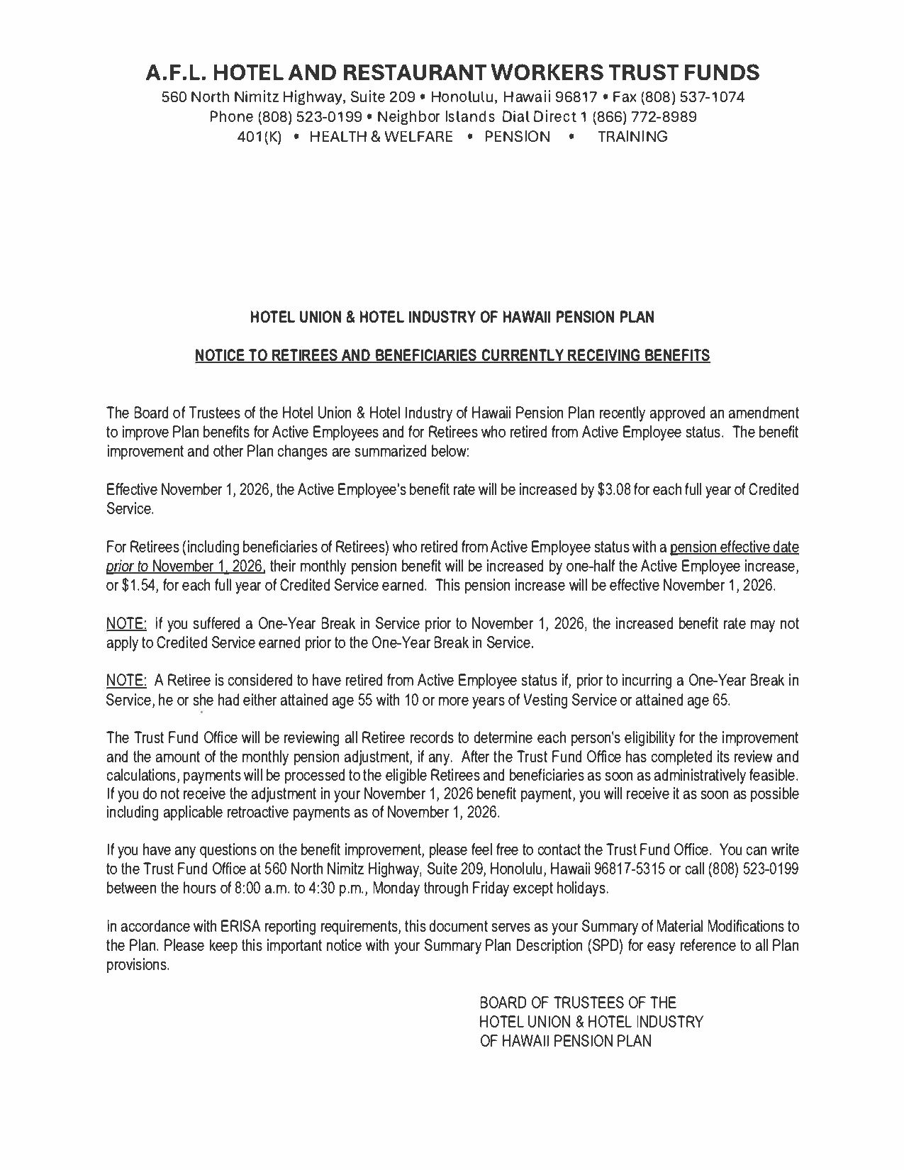 Pension increase notice 8.13.26